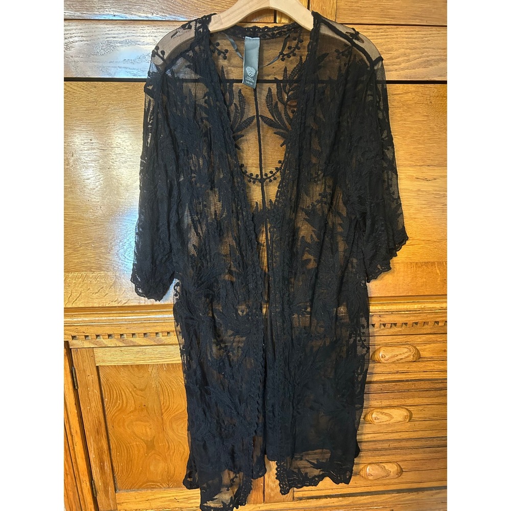 Vince Camuto Whimsigoth Boho Chic Witchy Black Sheer Lace Kimono Embroidered